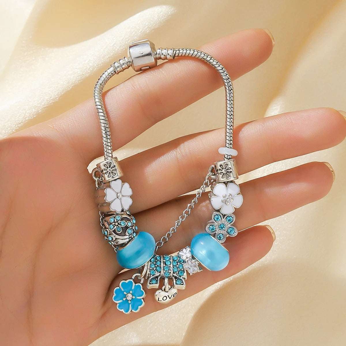 PULSEIRA PANDORA COM BERLOQUES CRAVEJADOS PRATA 925 - PUL1458 - AZUL