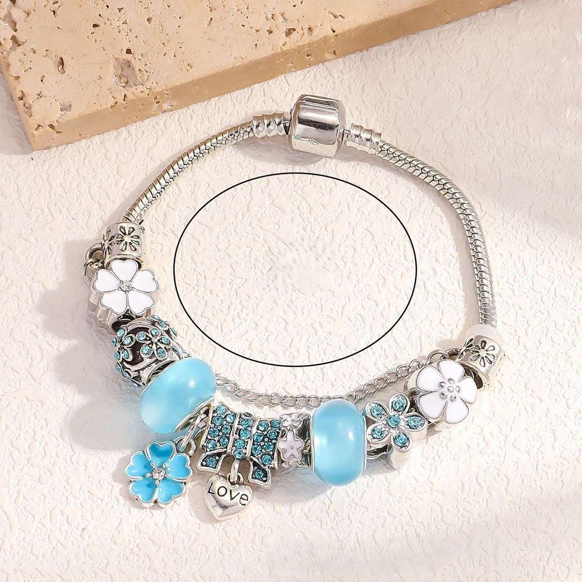 PULSEIRA PANDORA COM BERLOQUES CRAVEJADOS PRATA 925 - PUL1458 - AZUL