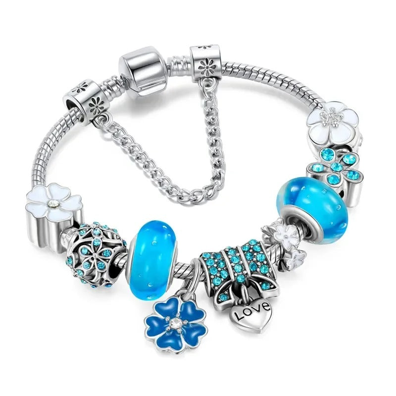 PULSEIRA PANDORA COM BERLOQUES CRAVEJADOS PRATA 925 - PUL1458 - AZUL
