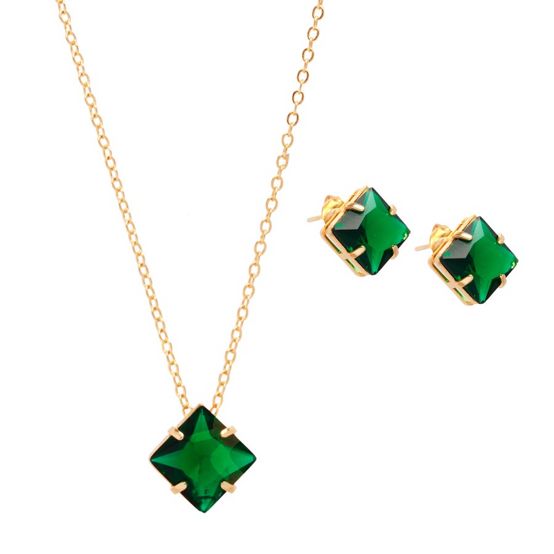 CONJUNTO CRISTAL VERDE BANHADO EM OURO 18K - CONJ807 - Menina Elegante