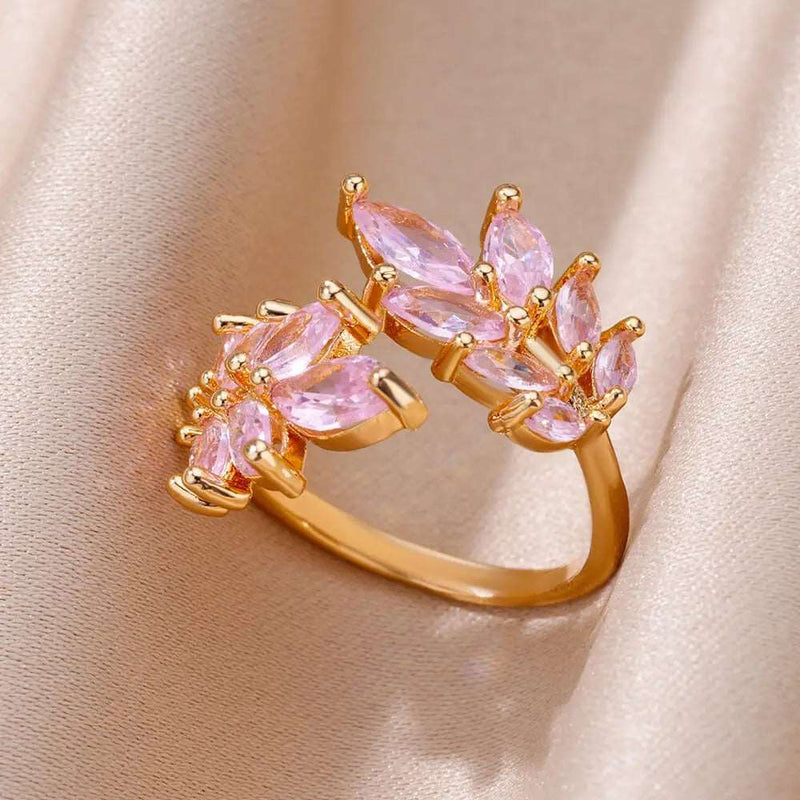 ANEL AJUSTÁVEL FOLHAS ROSA BANHADO EM OURO 18K - AN20