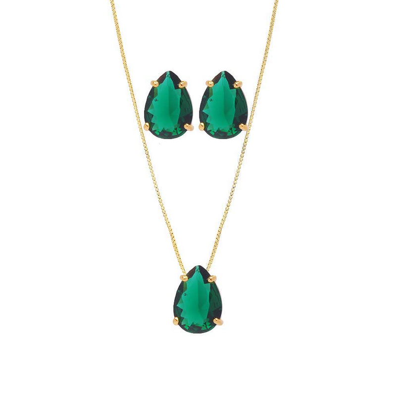 CONJUNTO GOTA VERDE BANHADO EM OURO 18K - CONJ810 - Menina Elegante