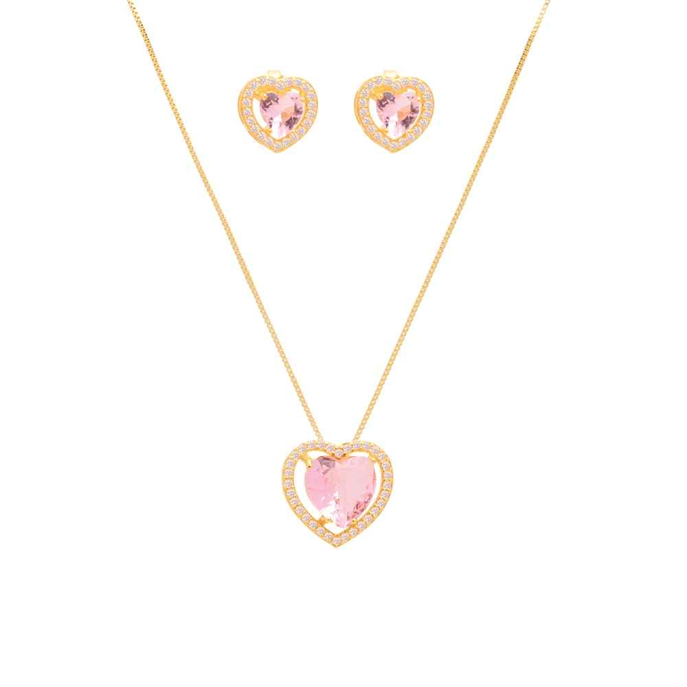 CONJUNTO CORAÇÃO ROSA BANHADO EM OURO 18K - CONJ818