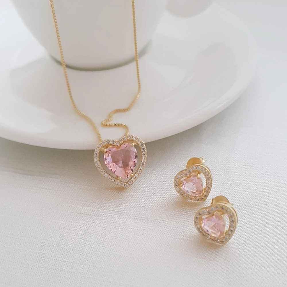 CONJUNTO CORAÇÃO ROSA BANHADO EM OURO 18K - CONJ818