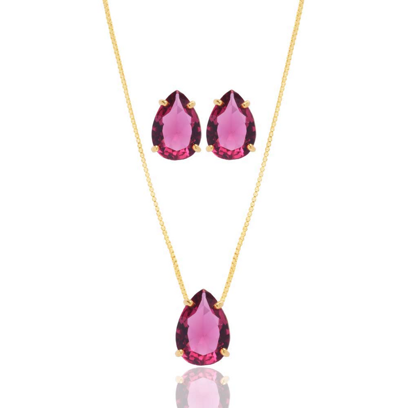 CONJUNTO GOTA ROSA ESPECIAL BANHADO EM OURO 18K - CONJ809 - Menina Elegante