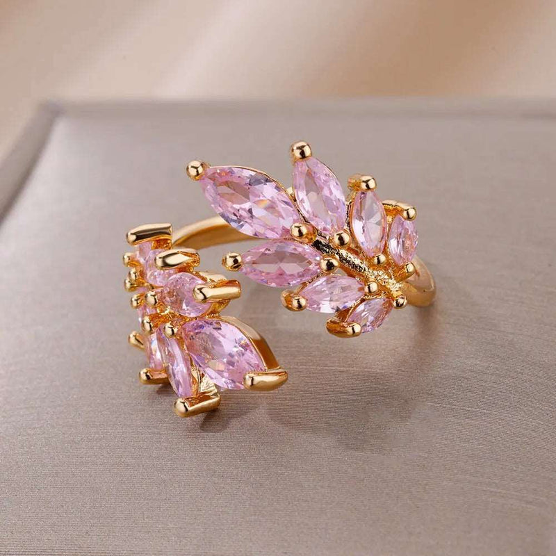 ANEL AJUSTÁVEL FOLHAS ROSA BANHADO EM OURO 18K - AN20