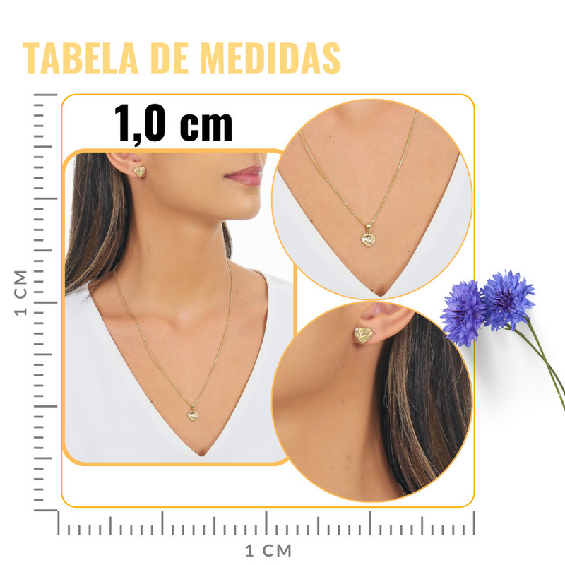 CONJUNTO CORAÇÃO MARTELADO BANHADO EM OURO 18K - CONJ817 - Menina Elegante