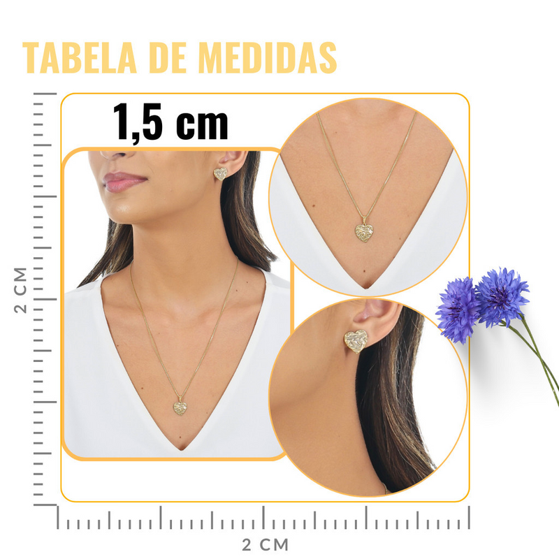 CONJUNTO CORAÇÃO MARTELADO BANHADO EM OURO 18K - CONJ817 - Menina Elegante