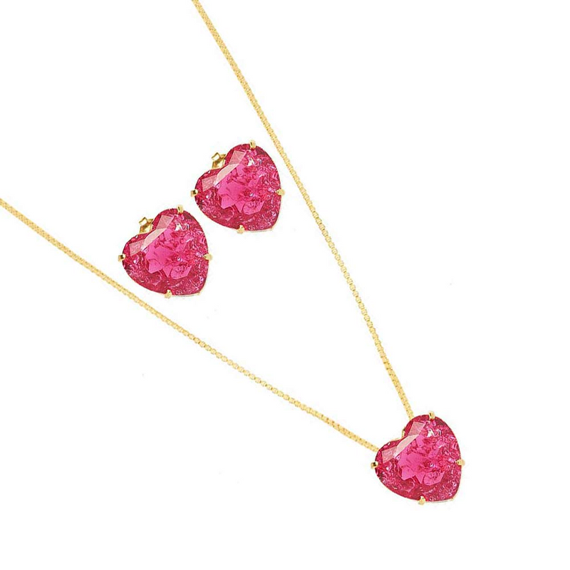 CONJUNTO CORAÇÃO ROSA ESPECIAL BANHADO EM OURO 18K - CONJ808 - Menina Elegante