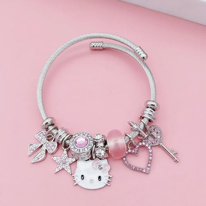 PULSEIRA HELLO KITTY COM BERLOQUES CRAVEJADOS PRATA 925 - PUL259