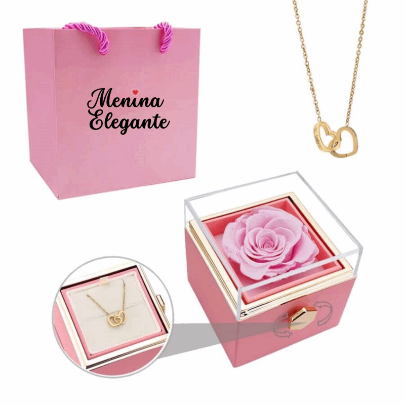 Amor de Rosas™️ | PINGENTE PERSONALIZADO | COLAR COM NOMES E CAIXA ROTATIVA COM ROSA PRESERVADA