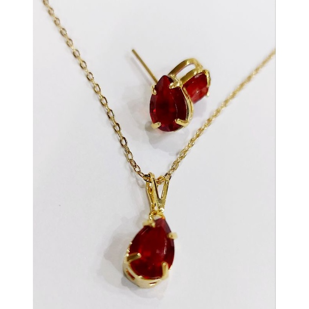 CONJUNTO PEDRAS VERMELHO BANHADO EM OURO 18K - CONJ805 - Menina Elegante