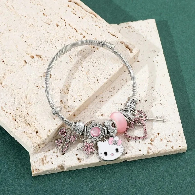 PULSEIRA HELLO KITTY COM BERLOQUES CRAVEJADOS PRATA 925 - PUL259