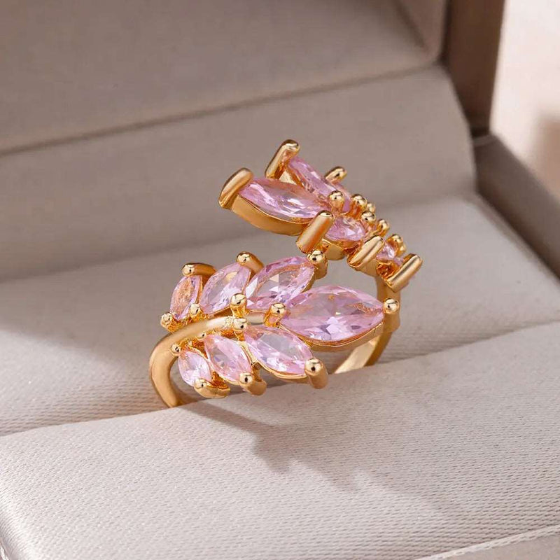 ANEL AJUSTÁVEL FOLHAS ROSA BANHADO EM OURO 18K - AN20