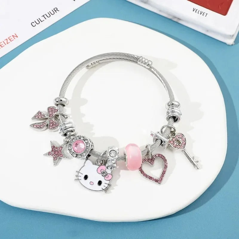 PULSEIRA HELLO KITTY COM BERLOQUES CRAVEJADOS PRATA 925 - PUL259