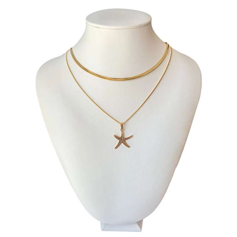 GARGANTILHA DUPLA CHOKER E ESTRELA DO MAR BANHADA EM OURO 18K - GARGSI12 - Menina Elegante