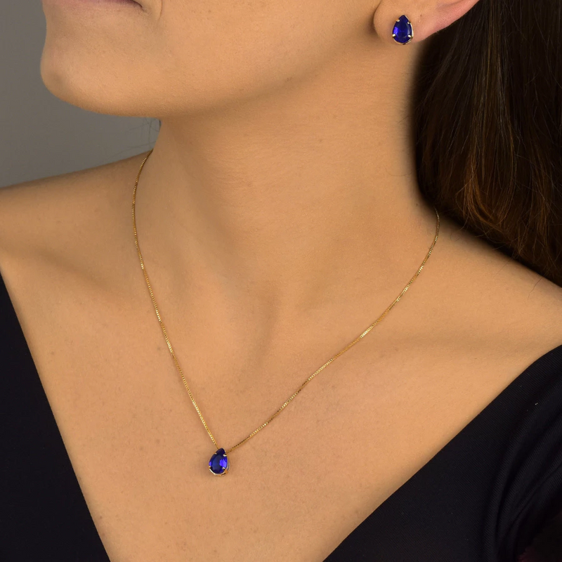 CONJUNTO GOTA AZUL BANHADO EM OURO 18K - CONJ257 - Menina Elegante