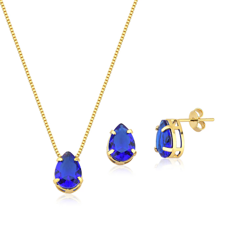 CONJUNTO GOTA AZUL BANHADO EM OURO 18K - CONJ257 - Menina Elegante