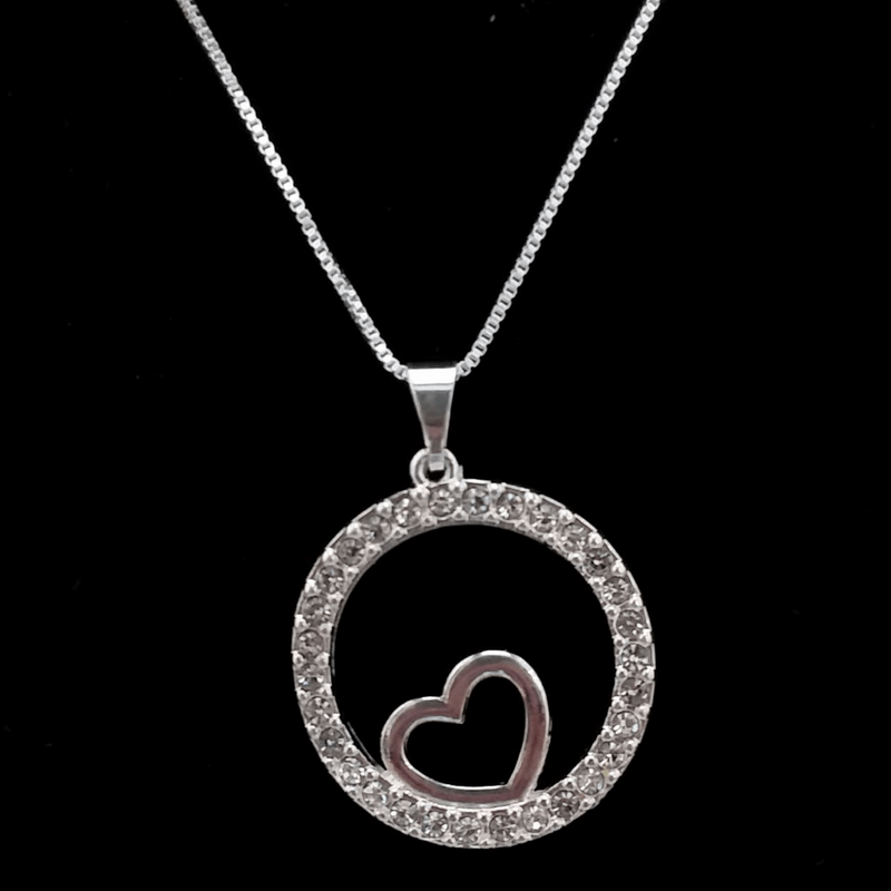 COLAR CORAÇÃO CÍRCULO DE STRASS PRATA 925 - PR142