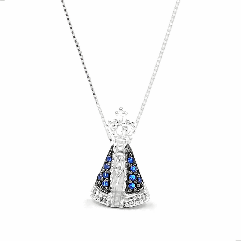 COLAR NOSSA SENHORA APARECIDA CRAVEJADA AZUL E PRETA PRATA 925 - PR240