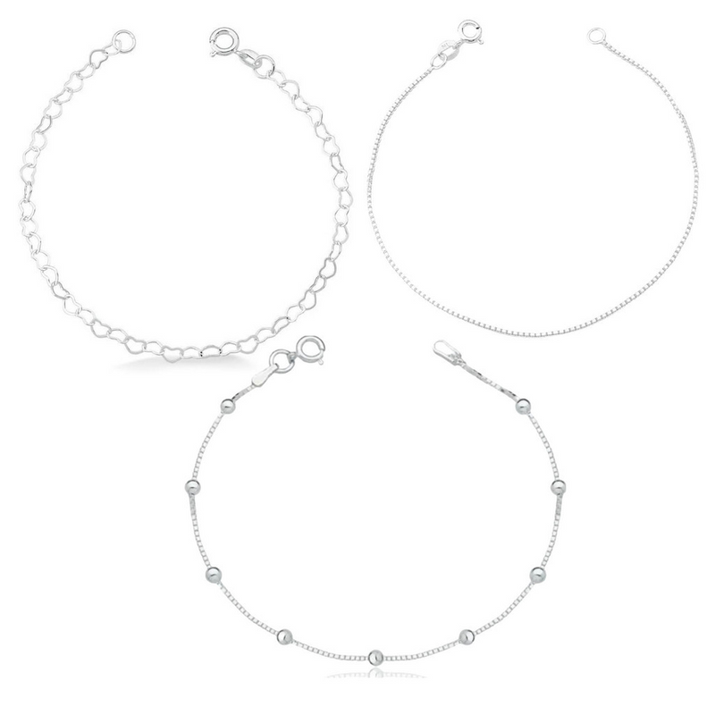 CONJUNTO DE PULSEIRAS BOLINHAS CORAÇÃO E VENEZIANA PRATA 925 - PUL1524