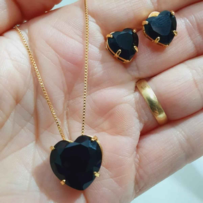 CONJUNTO CORAÇÃO PRETO BANHADO EM OURO 18K - CONJ821