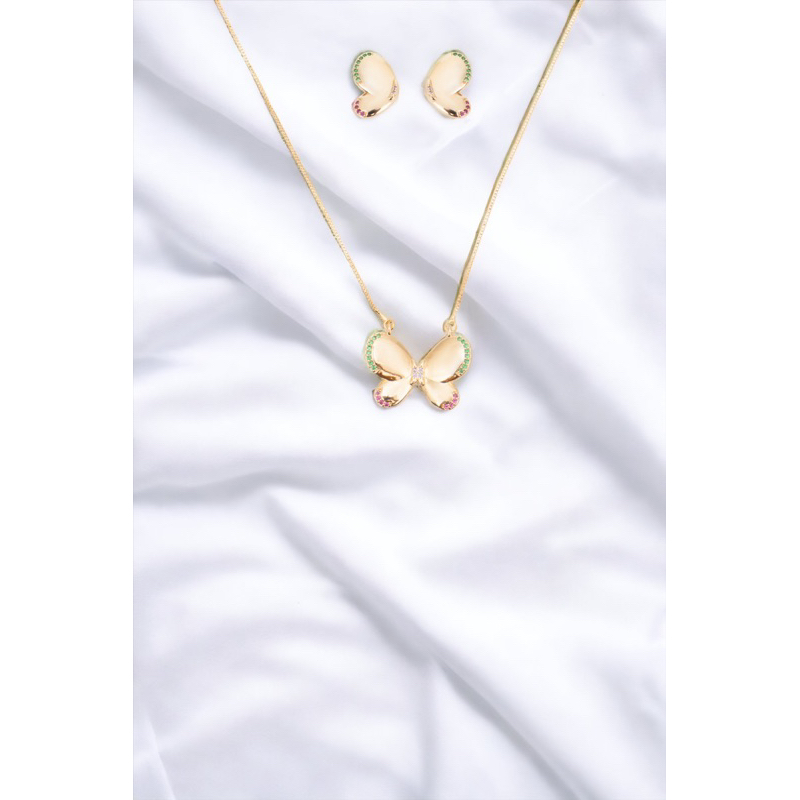 CONJUNTO BORBOLETAS CRAVEJADAS BANHADO EM OURO 18K - CONJ829 - Menina Elegante