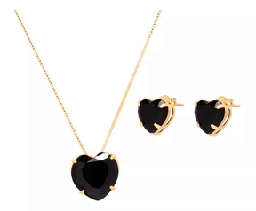 CONJUNTO CORAÇÃO PRETO BANHADO EM OURO 18K - CONJ821